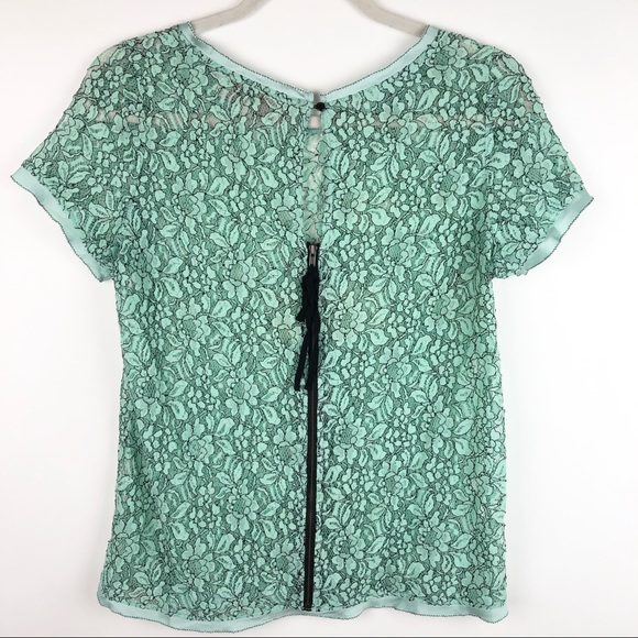 LOFT Lace Light Green Short Sleeve Blouse - Picture 4 of 10